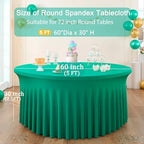 6 Pack Emerald Green Spandex Round Tablecloths for 72 Inch Table, Stretchy 132 Inch Fitted 6FT Cloths, Wrinkle Free Cover With Skirt for Wedding Party Dining Banquet - Image 4