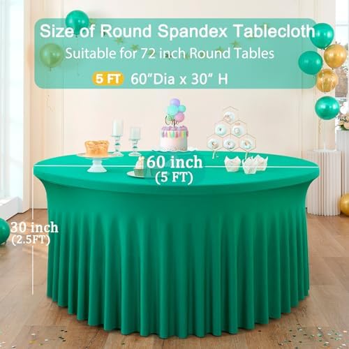 6 Pack Emerald Green Spandex Round Tablecloths for 72 Inch Table, Stretchy 132 Inch Fitted 6FT Cloths, Wrinkle Free Cover With Skirt for Wedding Party Dining Banquet - Image 4