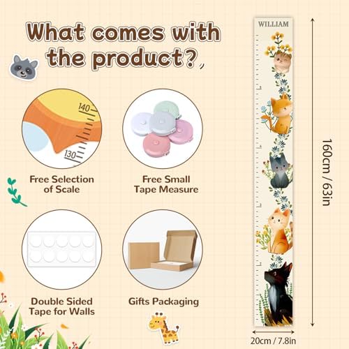 Personalized Growth Chart for Wall, Five Kittens Height Growth for Kids, Wooden Name Ruler for Nursery and Playroom, Baby Shower Gift 63" x 7.8" - Image 2