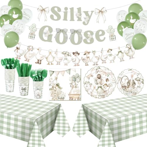 VioraWhite 183 Pcs Silly Goose Birthday Party Set Elegant Sage Green by VioraWhite