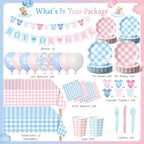 Tenshun 212Pcs Gingham Gender Reveal Party Supplies Set, Pink or Blue - Image 2