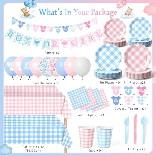 Tenshun 212Pcs Gingham Gender Reveal Party Supplies Set, Pink or Blue - Image 2