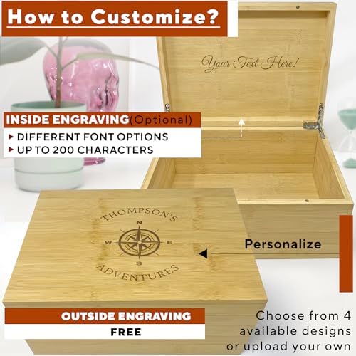 Travel Keepsake Box - Personalized Travel Couple Gift, Bamboo Wood Chest Trunk for Couples, Our Adventure Memory Box, Keepsake Storage for Tickets, Custom Valentine's Gifts, 11 x 8 x 4.75 in - Image 3