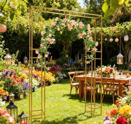 Wedding Arch Backdrop Stand Gold 5.91 x 7.87FT Wedding Arches Square Metal Balloon Arch Stand Garden Arbor Frame Arch Drapery Sheer Fabric Backdrop Curtain for Photo Booth Background Decoration - Image 3