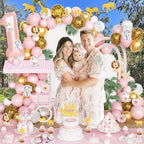 130 PCs Wild One Birthday Decorations Girl, Hombae Safari Jungle Theme 1st Birthday Party Backdrop Balloon Garland Leaves Monthly Photo Highchair Banner Box Cutout Crown Cake Cupcake topper Pink Gold - Image 6