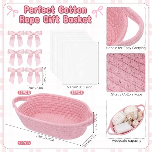 Pink 12 Set Small Woven Gift Basket with Gift Bags Ribbons Empty Gifts Baskets Woven Rope Storage Basket with Handles for Birthday Baby Shower Nursery Toy Organizer 9.1"x 5.1" x 2.8" - Image 2