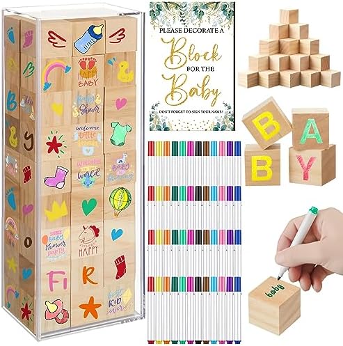 Tenceur 104 Pcs Baby Shower Game Sign Set Baby Shower Blocks to Decorate 54 DIY Blank Wooden Block 48 Watercolor Markers with Acrylic Box Set for Games Gender Reveals Party Supplies by Tenceur