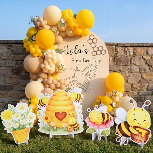 Honoson 4 Pcs 22.8" x 23.6" Large Bee Baby Shower Decorations Cardboard Cutouts, a Little Honey is on The Way Bee Theme Backdrop Daisy Sunflower Yard Signs for Birthday Party Supplies Photo Prop by Honoson