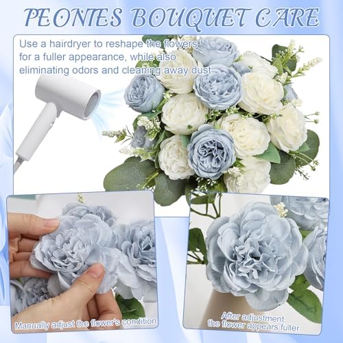 24 Bundles Dusty Blue White Artificial Peonies Silk Flowers Bulk - Image 3