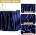 Wish Care 17ft Navy Blue Satin Long Table Skirt for Rectangle Tables Wrinkle Free Teacher Desk Skirt Glitter Ruffle Table Skirting Cloth for Back to School Classroom Office Birthday Party Table Decor - Image 4