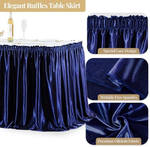 Wish Care 17ft Navy Blue Satin Long Table Skirt for Rectangle Tables Wrinkle Free Teacher Desk Skirt Glitter Ruffle Table Skirting Cloth for Back to School Classroom Office Birthday Party Table Decor - Image 4