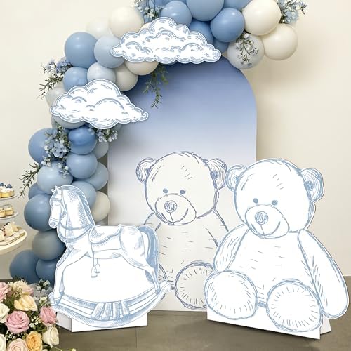 4PCS Blue Bear Baby Shower Decorations, We Can Bearly Wait Toile de Jouy Teddy Bear Cardboard Cutouts Standee Set, Blue Safari Baby Shower Party Supplies - Image 7