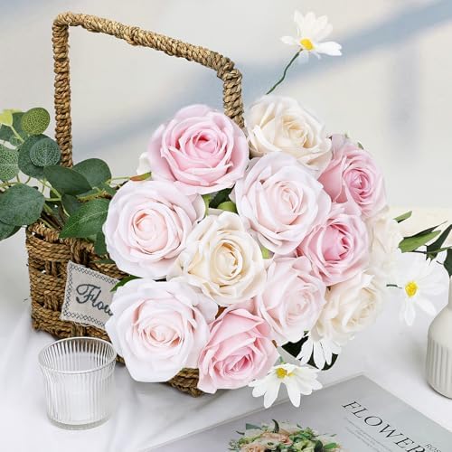 48 PCS Champagne & Pale & Light Pink Roses Artificial Flowers - Image 5