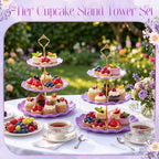 FoldTier 6 Pack Cupcake Stand Set 3 Pcs 3 Tier Gradient Dessert Table Display Stands Cookie Tray Rack 3 X14 in Rectangle Party Trays for Wedding Birthday Tea Party Baby Shower(Purple,Round) - Image 6