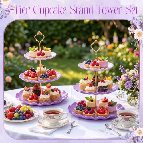 FoldTier 6 Pack Cupcake Stand Set 3 Pcs 3 Tier Gradient Dessert Table Display Stands Cookie Tray Rack 3 X14 in Rectangle Party Trays for Wedding Birthday Tea Party Baby Shower(Purple,Round) - Image 6
