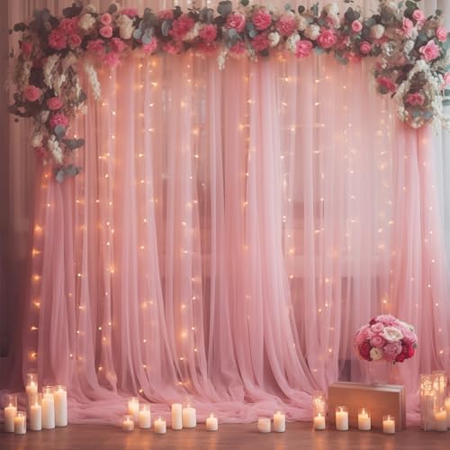 10×10ft Dusty Rose Tulle Backdrop Curtain with Lights String for Parties, Sheer Photo Curtain Backdrop Drapes for Wedding Party Photography Backgrounds by WishCare