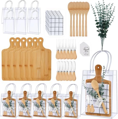 6 Set 54 Pcs Baby Shower Prizes for Game Winners Baby Shower Favors for Guests Gift Bamboo Cheese Board Set with Gift Bags Spoon Knives Forks Plaid Towel Thank You Tags for Party Wedding Bridal Favor by Qubccum