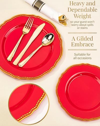 Hioasis 175 Pcs Red Gold Plastic Plates Wedding & Party - Image 4