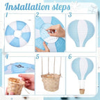 Meooeck 2 Pcs Hanging Hot Air Balloon Nursery Decor 15.7 Inch Paper Hot Air Balloon Centerpieces Reusable Paper Lanterns Set for DIY Craft Wedding Birthday Christmas Living Room Home, Blue White - Image 3