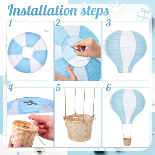 Meooeck 2 Pcs Hanging Hot Air Balloon Nursery Decor 15.7 Inch Paper Hot Air Balloon Centerpieces Reusable Paper Lanterns Set for DIY Craft Wedding Birthday Christmas Living Room Home, Blue White - Image 3
