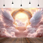 Pink Angel Wings Theme Banner Paradise Gate Sky Stairway to Heaven Holy Light Clouds Gold Sky Background Heaven Sent Baby Shower Baptism Banner Easter Photo Background (Pink, 9 * 6feet) - Image 5