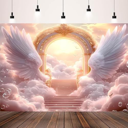 Pink Angel Wings Theme Banner Paradise Gate Sky Stairway to Heaven Holy Light Clouds Gold Sky Background Heaven Sent Baby Shower Baptism Banner Easter Photo Background (Pink, 9 * 6feet) - Image 5