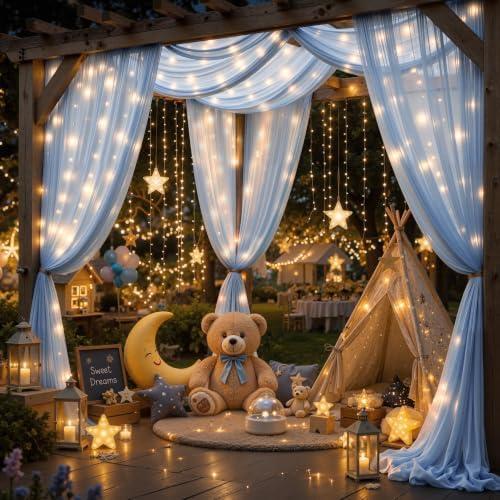 20ft x 10ft Baby Blue Chiffon Backdrop Curtain with Lights String for Parties,4 Panels Sheer Tulle Curtain Wedding Backdrop for Baby Shower Birthday Party Ceremony Reception Home Decorations - Image 3