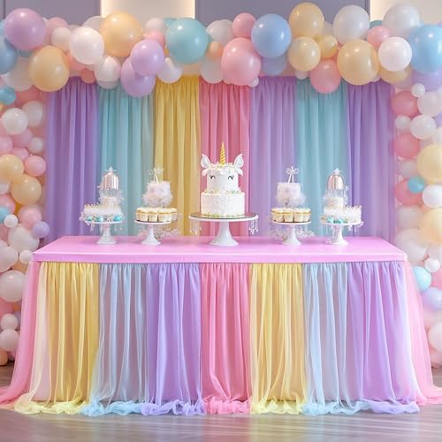 Rainbow Tablecloth for 6 Foot Rectangle Tables with Tulle Table Skirt by PartyTalk