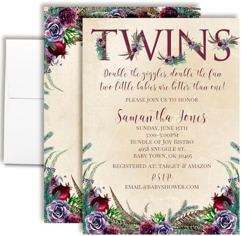 Amanda Creation Custom Baby Shower Invites Twin Boho Baby Shower Invitations 20 5x7 Custom Personalized Boho Succulents and Pine Theme Invites With Envelopes for Twins by AmandaCreation