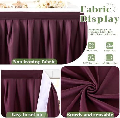 Partisky Burgundy Polyester Table Skirt for Rectangle Tables 17ft, Wrinkle Resistant Pleated Ruffle Table Cloth for Banquet Wedding Trade Baby Shower Display Gift Dining Table - Image 4