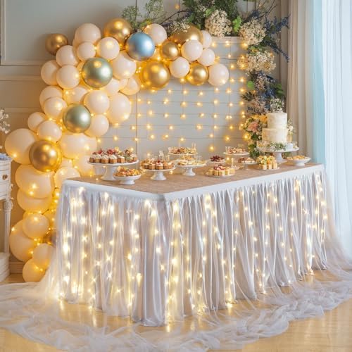 PARTISKY Gray Tulle Tutu Table Skirt for Rectangle Tables or Round Table,Led Light String Table Cloth for Wedding Baby Shower Birthday Party Dessert/Cake Tables by Partisky