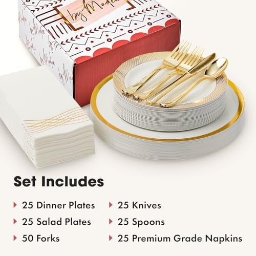 By Madee HEAVYWEIGHT White Plastic Plates with Gold Trim 175 PCS - Image 7