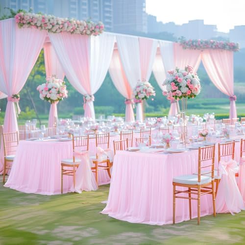 Pink Tablecloth for 6 Foot Rectangle Table, Pink Tulle Table Skirt Cover 6ft Wedding Table Cloths Baby Shower Tutu Ruffle Desk Skirt Bridal Shower Banquet Tulle Table Cloth for Party Decoration - Image 2