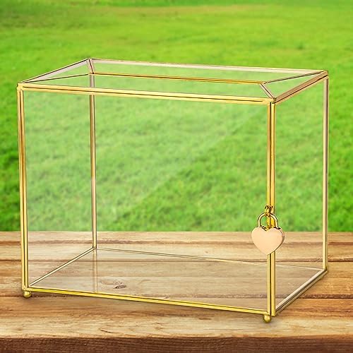 Hxezoc Gold Glass Wedding Card Box with Lock, Large Gift Card Money Box Holder for Wedding Reception, Anniversary, Birthday Party, Baby Shower, Graduation, Home Decorations by Hxezoc