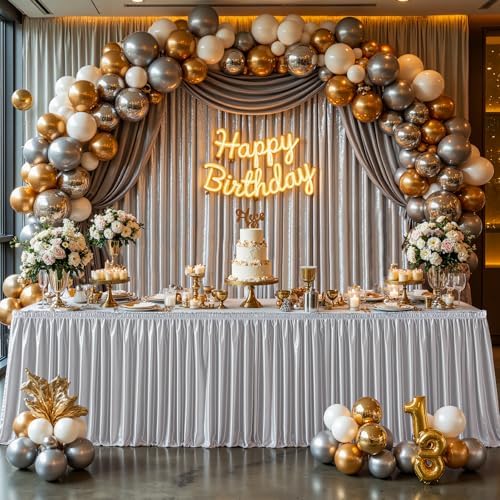 21ft Length Satin Silver Gray Table Skirt Rectangle Tables, Wrinkle Free Pleated Ruffle Table Skirting Desk Cover Skirt for Weddings Birthday Party Stage Banquet Dining Table Decorations - Image 6