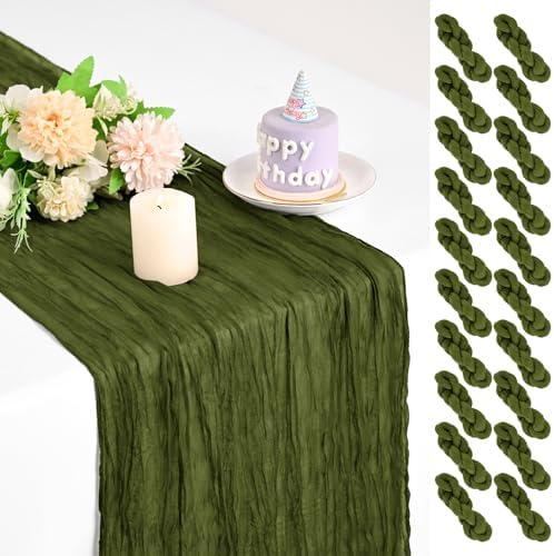 Teruntrue 20 Pack Olive Green Cheesecloth Table Runner 17x108 Inch, Boho Gauze Sheer Fabric Cheese Cloth Table Runners for Wedding Party Bridal Shower Baby Shower Birthday Home Decor Garden Farmhouse by Teruntrue