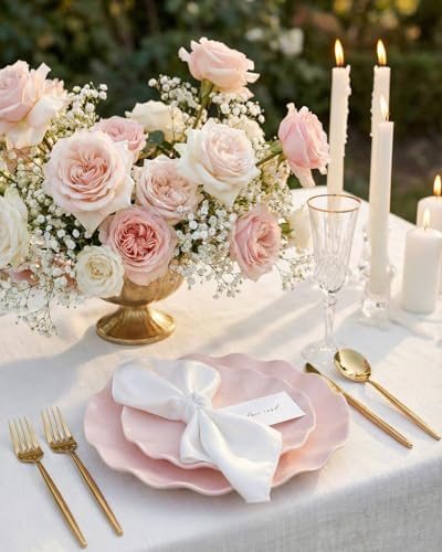 LIYH 24 Pcs Pink Plastic Plates Reusable, Pink Scalloped Plates Durable and Dishwasher Safe, Light Weight Daisy Wavy Plate Parties, Birthday, Picnics, BPA Free(12Guests) - Image 2