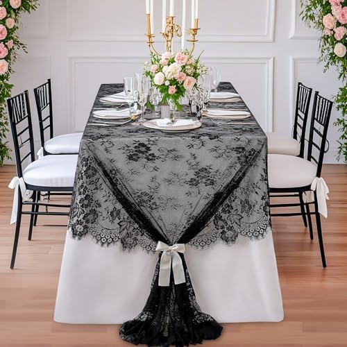 Black Tablecloth Lace Table Fabric 2pcs 60x120 Inch for Scary Movies - Image 3