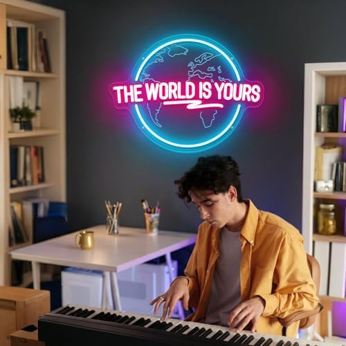 The World Is Yours Neon Sign Carved Planet The World Is Yours LED Neon Light Lamp for Wall Decor Light Up Signs for Office Wedding Man Cave Game Room Bedroom Birthday Gift 41CM*31CM - Image 3