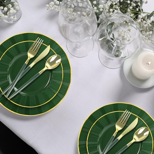 150Pcs Plastic Plates with Gold Rim,Heavy Duty Green Plates for 30 Guests,Plastic Dinnerware Set Include 30 Dinner Plate,30 Dessert Plate,90 Gold Cutlery Set for Party (Green) - Image 5