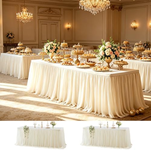 Wish Care 2 Pack Light Champagne Tulle Table Cloth for 6 Foot Rectangle Tables Tulle Tutu Skirt Stretch Fitted Tablecloth Wrinkle Free Ruffle Table Cover for Party Wedding Birthday Banquet Decorations by WishCare