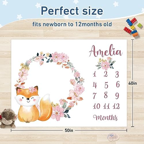 Personalized Baby Monthly Milestone Blanket Boy or Girl - Fox Months Blanket with Wood Frame and Newborn Wooden Sign - Growth Chart Milestone Blanket 1-12 Month Milestones - Image 3