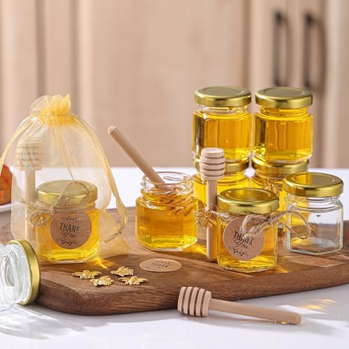 R DRURLCD 50 Pack 1.5 oz Hexagonal Mini Glass Honey Jars in Bulk with Wooden Dipper Bee Charms Thank You Cards Jutes for Baby Shower Wedding Party Favors Gifts - Image 4