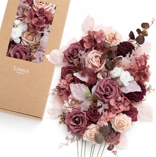 Ling's moment Artificial Pink Flowers Combo, Cinnamon Rose & Cream, Deluxe by LingsMoment