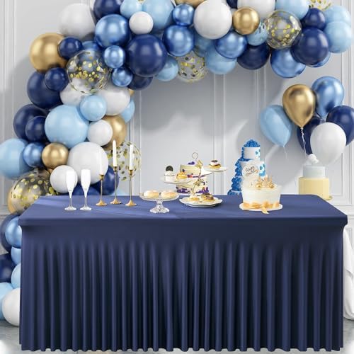 12 Pack Navy Blue Spandex Tablecloth for 6 Foot Rectangle Tables, Wrinkle Free Fitted Table Cloth Cover 6ft Blue Stretchy Tablecloths with Skirt for Parties Weddings Birthday Banquet Baby Shower - Image 4
