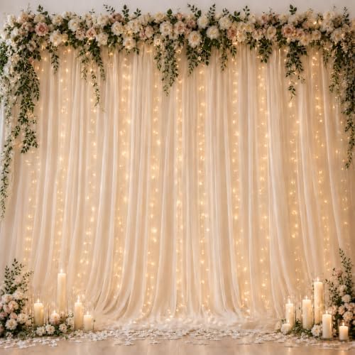 Ledido 10×10ft Champagne Tulle Backdrop Curtain with Light(4 Panels 5×10ft) by Ledido