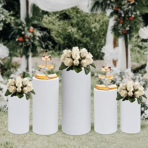 LOYALHEARTDY Round Cylinder Pedestal Stands 5PCS White Metal Pedestal Decor Backdrop Dessert Table Pillars for Party Birthday Wedding Props Baby Shower Party Event Decoration - Image 6