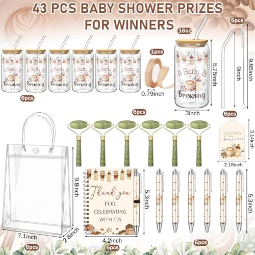 Reallnaive 6 Set Coffee Themed Baby Shower Game Prizes for Player Winners Tumblers with Lids Straws Roller for Face Pens Spiral Notebooks Gift Bags for a Baby Is Brewing Shower Guests Game Favors - Image 3