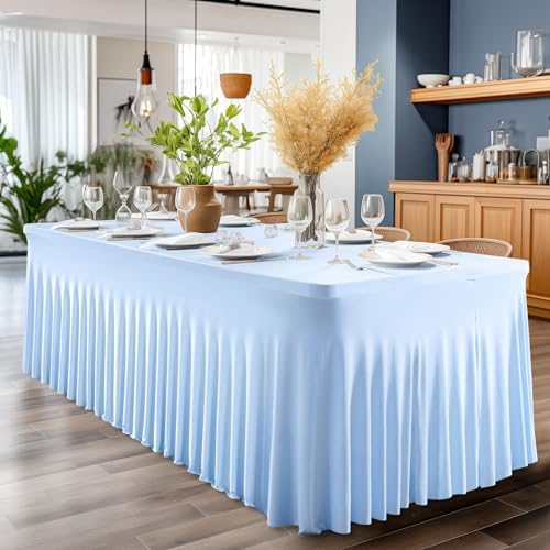 6 Packs Baby Blue Table Clothes for 8 Foot Rectangle Tables, One-Piece Wrinkle Resistant Stretch Spandex Table Covers with Skirt for Event Banquet Wedding Birthday Party - Image 4