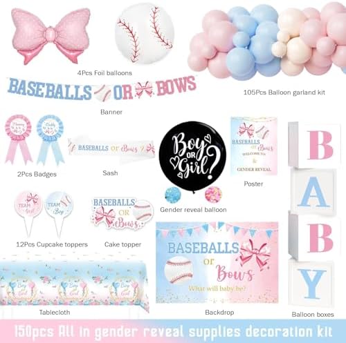 Baseball or Bows Gender Reveal Decorations, Party Balloons Decorations Kit Supplies Includes Balloons, Banner, Sash, Badge Backdrop, Topper, Poster, Balloon Boxes, Tablecloth, Marker 150 PCs - Image 2